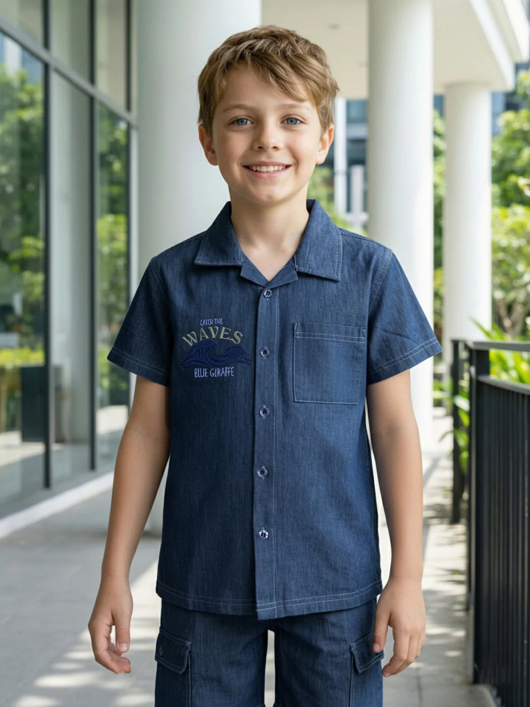 Boys Blue Printed Regular Fit Shirt