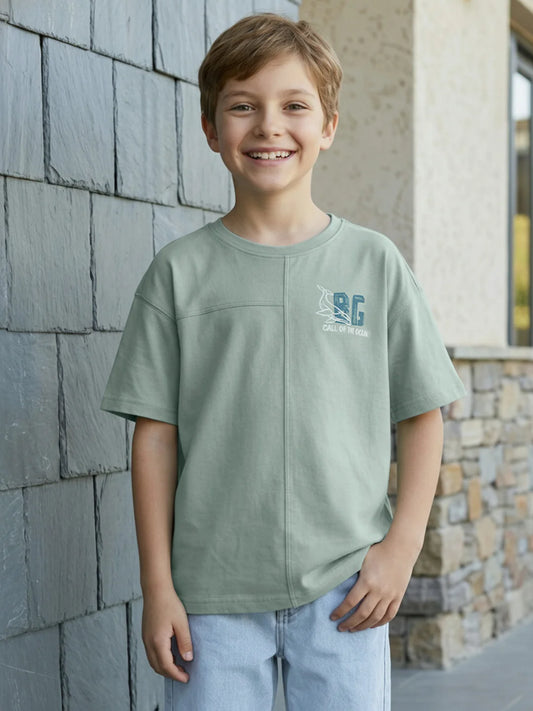 Boys Green Solid Regular Fit Pure Cotton T-Shirt