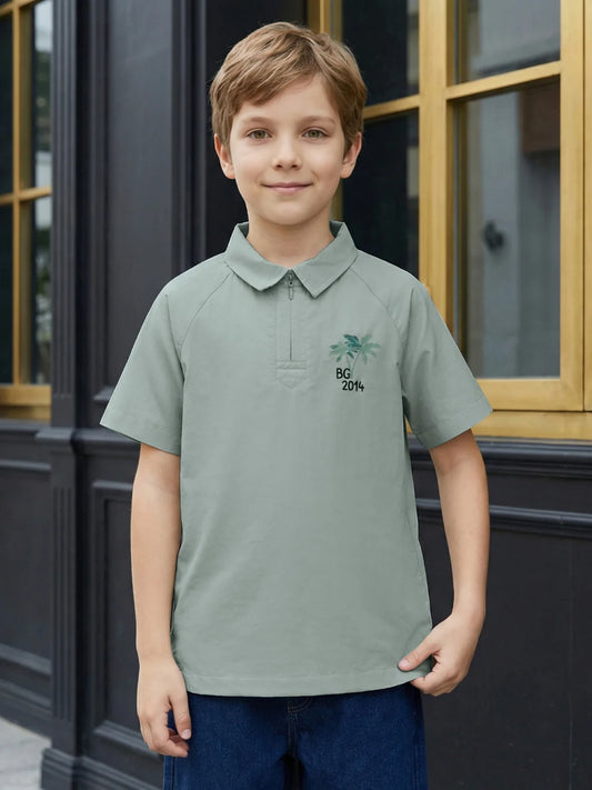 Boys Green Solid Regular Fit Pure Cotton T-Shirt