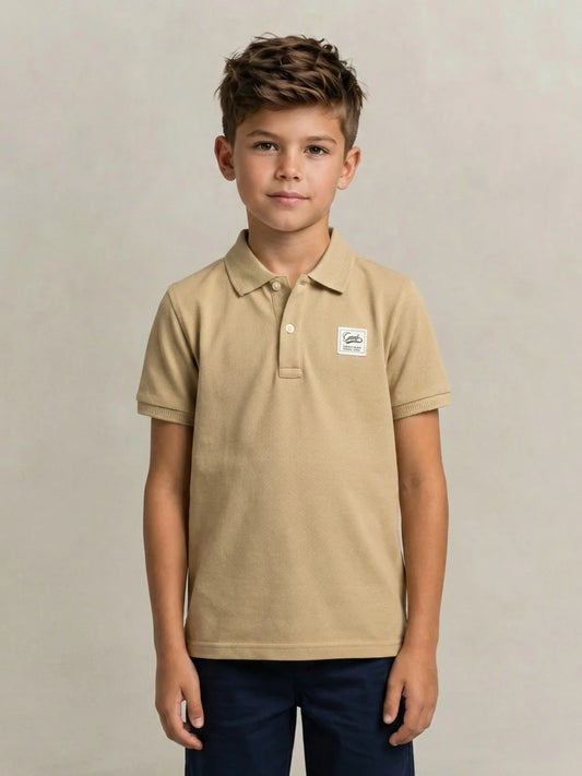 Beige Cotton Boys Polo T shirt